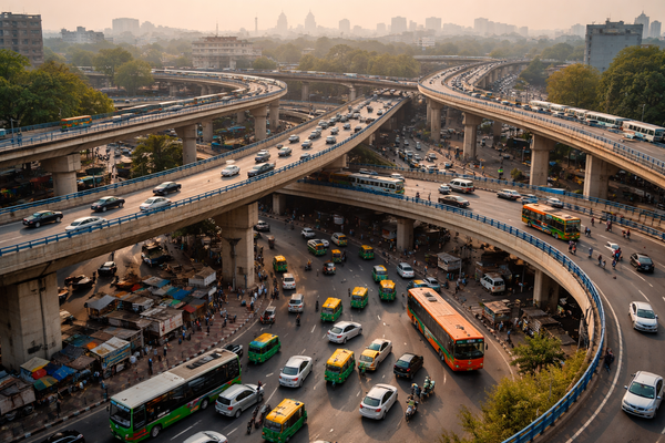Stacked highway overpasses illustrating how layered point solutions create hidden complexity in healthcare operations